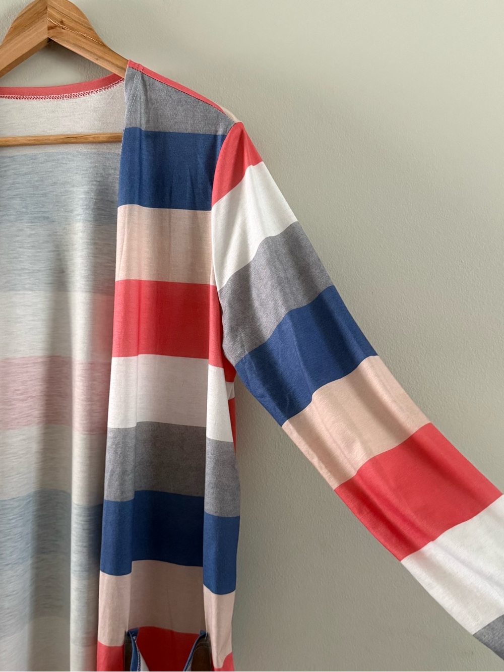 Striped Open-Front Cardigan Sweater - Blue, Coral & Cream - Picture 5 of 9
